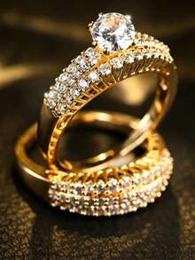 2pcs/Set Fashion Stackable Rings, Minimalist Luxury Cubic Zirconia Couple Rings, Versatile For Engagement, Wedding, Party And Daily Wear - Perfect Birthday, Anniversary Or Jewellery,Accessories - Gold - View 2