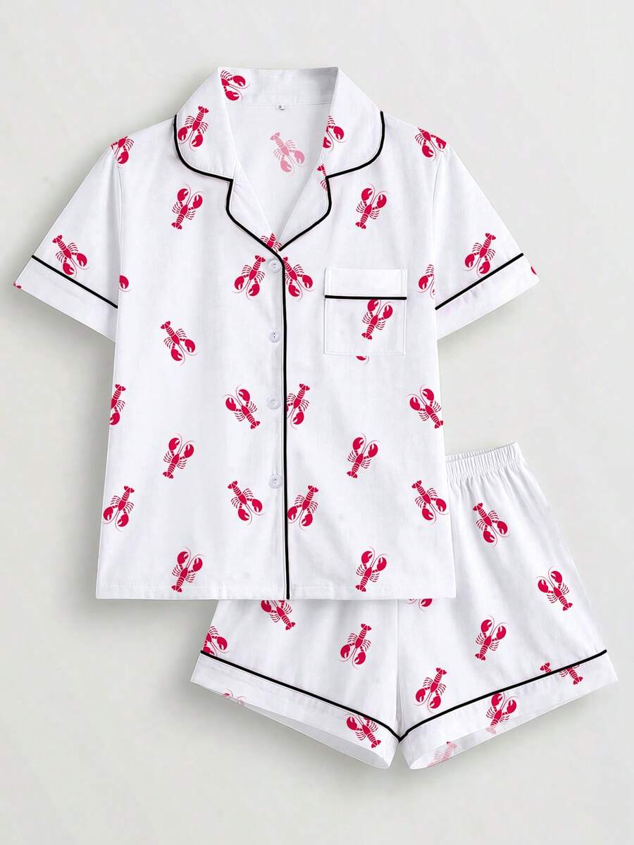 2pcs/Set Women's Pajama Set, Lobster Print, Women's Loungewear, Spring/Summer Holiday Outfit, Short Sleeve Top And Shorts Set - White - View 1