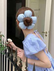 1pc/Set Large Satin Flower Scrunchie, Silk Flower Hair Tie, Korean Style Oversized Flower Hair Accessory, Elegant Cute Sponge Flower Scrunchie, Extra Large Hair Tie For Bun, Suitable For Thick Curly Hair - Multicolor - View 5