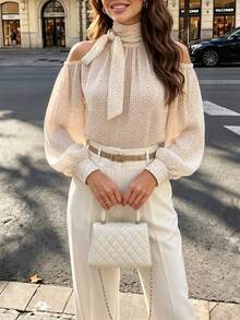 Polka Dot Print Open Shoulder Tie-Up Chiffon Blouse, Summer Vacation White - White - View 7