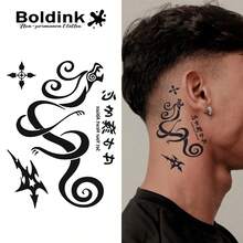 Boldink 1PC Snake Cross Star Text Temporary Tattoo Sticker, Waterproof Body Art Tattoo Sticker, Lasts 1-2 Weeks, Plant Juice Formula, And Gentle, Non-Irritating, Perfect For Daily Wear, Body Decoration, Unisex Chinese Style Gift, Essential For People - Black - View 1