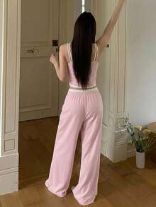 DAZY 两件套女士吊带露脐上衣+松紧腰直筒裤可爱睡衣套装 - 粉色 - 查看 4