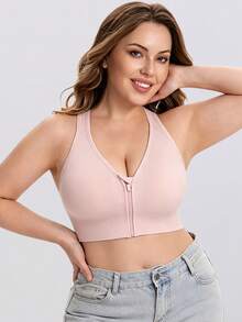 Women's Plus Size Sports Bra Pink Lingerie Front Zipper Criss-Cross Strap Bra - Pink - View 5
