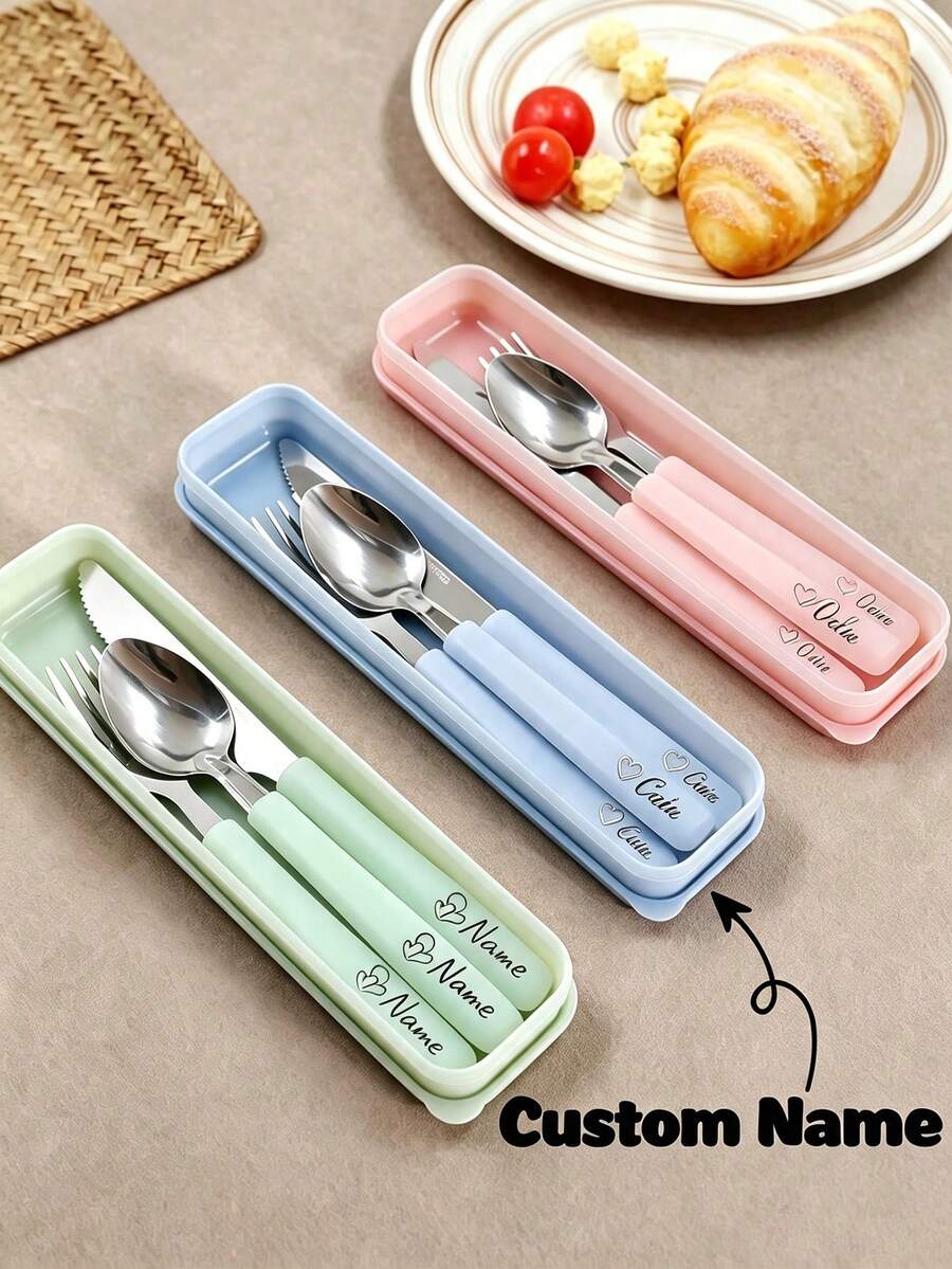 Customized Name Fork, Spoon, Knife Set, Personalized Stainless Steel Fork, Customized Portable Cutlery 3 Pieces Set, Customizable Spoon And Fork Set, Christmas Gift, Anniversary, Travel, Portable, With Cartoon Pattern - Multicolor - View 1