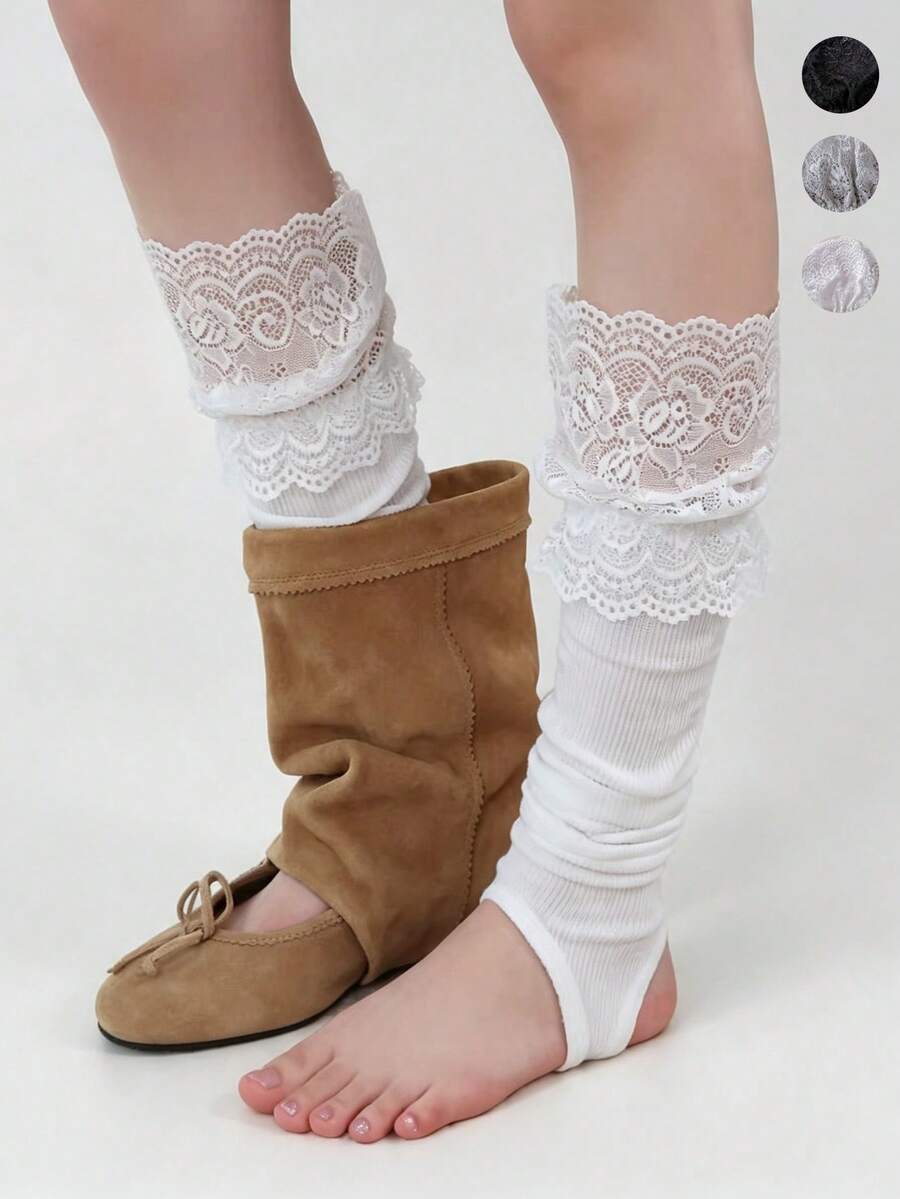 STAR RIVER Lace Trim White Stirrup Leg Warmers, Ballet Style Open Toe Leg Covers, Suitable For Daily Casual, Dating, Back To School
