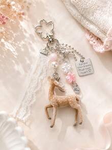 1pc INS Style Deer Keychain, Kawaii Lace Bow Bag Charm, Sakura Flower Pendant, Coquette Aesthetic Key Ring, Fairycore Backpack Charm - Multicolor - View 11