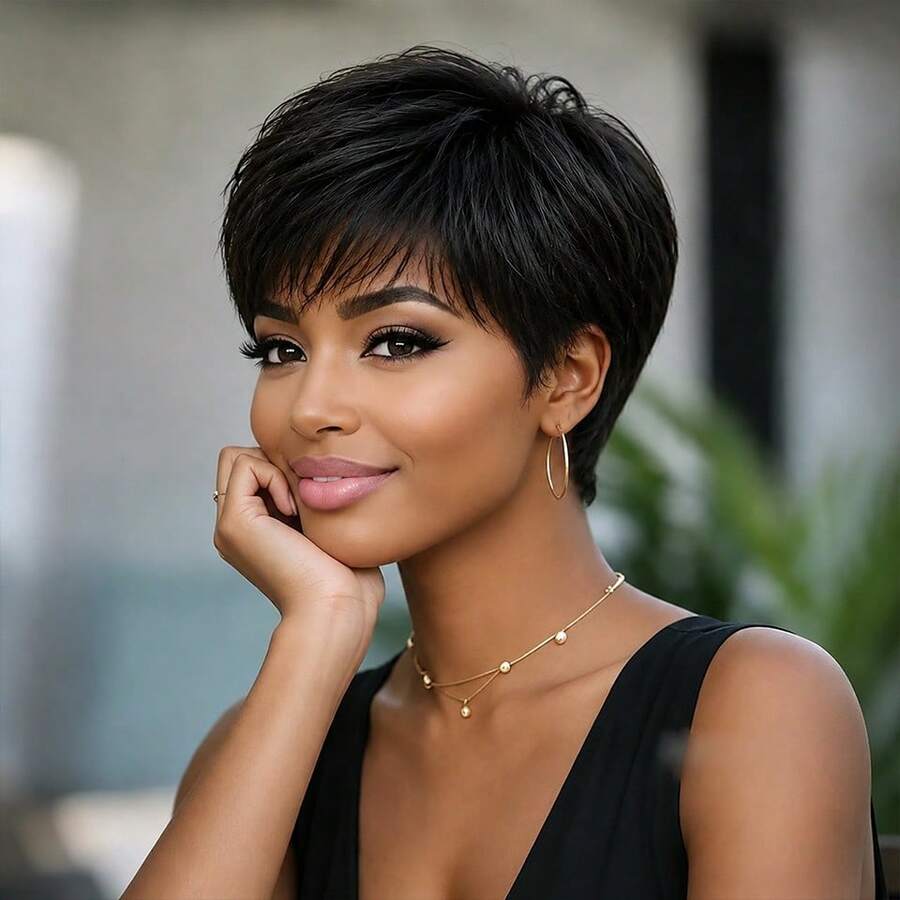 Women's Short Straight Pixie Cut Human Hair Wig With Bangs, Layered Remy Brazilian Human Hair, Elastic Mesh Base, Fully Machine Woven, Natural Black, Suitable For Festivals, Parties, Daily Wear And Music Festivals