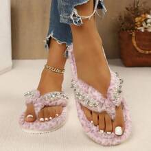 Pink Leopard Print Fuzzy Flip Flops For Women With Pearl And Rhinestone Decor, Comfortable Flat Fur Slippers For Indoor And Outdoor Wear - Pink - View 2