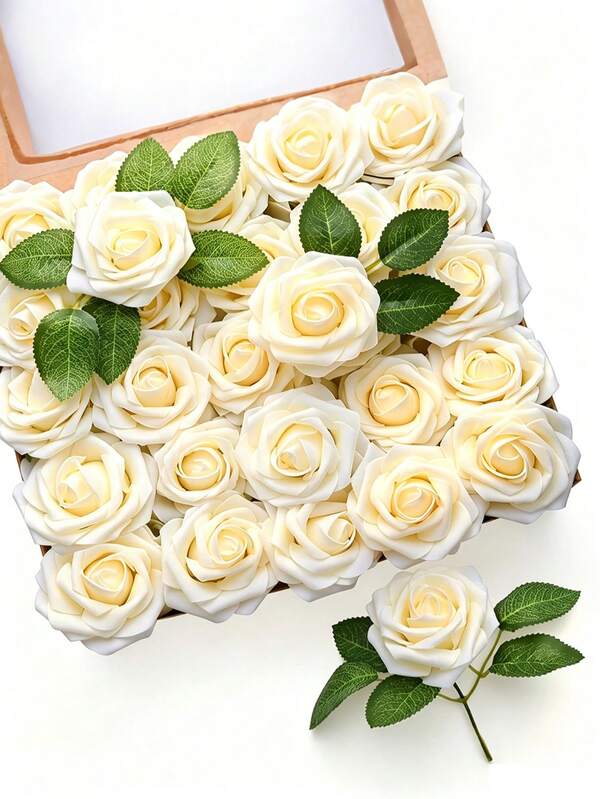 5/10/15/20/25/30pcs Champagne Artificial Roses With Stems, Suitable For DIY Wedding Bouquets, Table Centerpieces, Parties, Baby Showers, Home Decor, OPP Bag Packaging (No Gift Box), With 3 Leaves, Perfect For Thanksgiving, Christmas, Valentine's Day, Gifts, Birthdays, Graduation, Perfect Gift For Girls