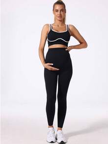 Maternity Seamless High Waist Stretchy Solid Color Leggings Black Spring Sports Summer - Black - View 3