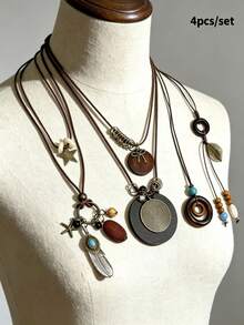 4pcs Vintage Adjustable Wax Cord Necklaces, Bohemian Pendant Necklaces - Multicolor - View 4