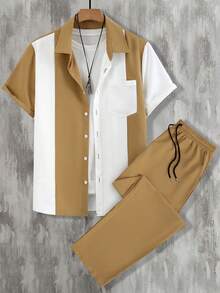 Spring/Autumn Mature Style Colorblock Vertical Stripe Short Sleeve Single-Breasted Fitted Shirt With Elastic Waist Loose Long Pants Solid Color 2 Pieces Set, Urban Casual Commute, Smooth Polyester Woven Fabric - Yellow - View 4