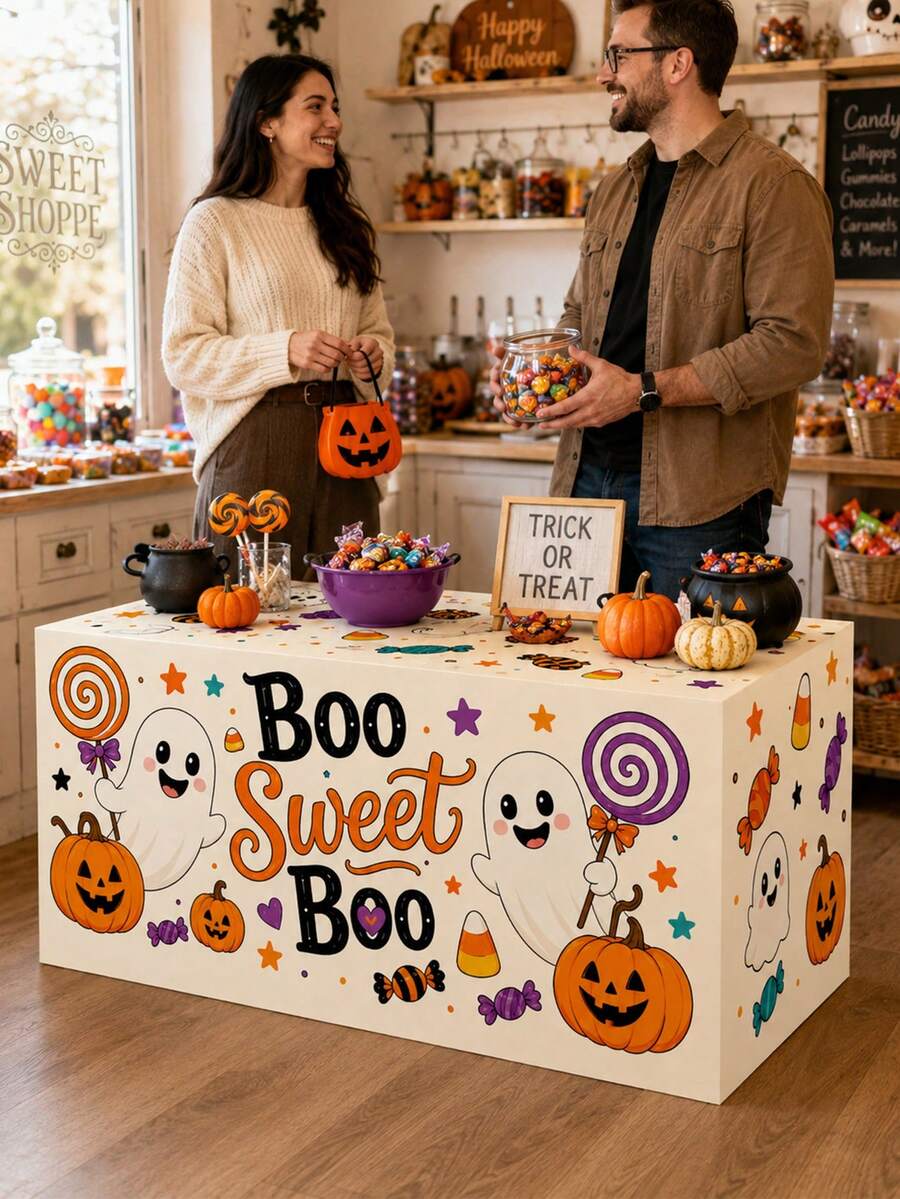 1pc Cream Cartoon Halloween Tablecloth, Cute Polyester Rectangular Three-Sided Tablecloth With Ghost, Pumpkin And Candy Print, Suitable For Fall Home Decor, Halloween Home Decor, Halloween Decoration, Party Decor And Outdoor Halloween Decoration - Multicolor - View 1