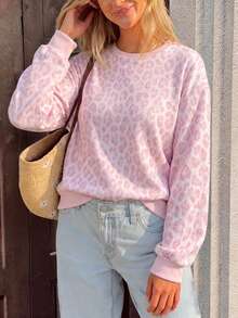 Women's Ditsy Floral Round Neck Loose Fit Plus Size Long Sleeve Casual Pullover Sweatshirt - Pink - View 3