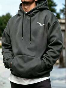 Plus Size Men's Fashion Minimalist Bird Print Casual Pocket Drawstring Hoodie Sweatshirt, Perfect For Daily, Street, Sports, Campus, Outdoor Wear - Dark Grey - View 1