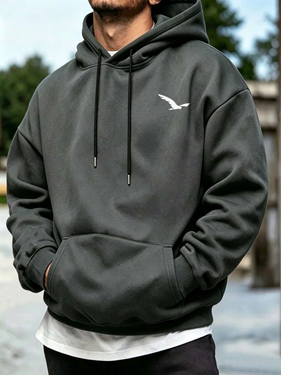 Plus Size Men's Fashion Minimalist Bird Print Casual Pocket Drawstring Hoodie Sweatshirt, Perfect For Daily, Street, Sports, Campus, Outdoor Wear - Dark Grey - View 1