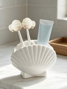 Nordic Style Shell Pattern High-Foot Toothbrush Holder, Shell Toothbrush Cover, Bathroom Sink Toothbrush And Toothpaste Storage Box, Multi-Functional Desktop Makeup Brush Holder And Pen Holder - Multicolor - View 1