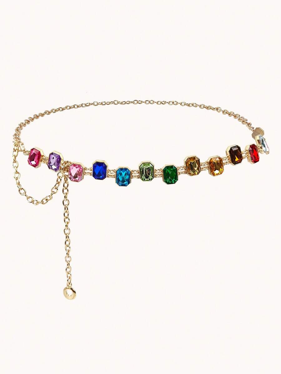 1pc Premium Colorful Crystal Studded Waist Chain Dress Accessory Summer, School Fall, Autumn, Halloween - Multicolor - View 1
