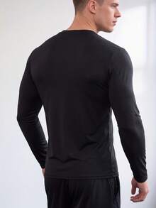 Men's Long Sleeve All-Season Solid Color Basic Crew Neck High Elastic Quick-Dry Running Training Fitness Top - Black - View 2