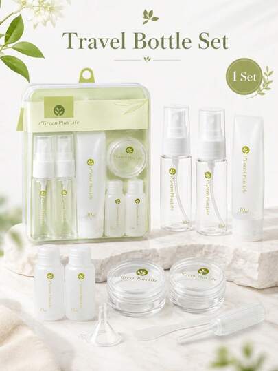 1 Set/10 piezas Juego de botellas recargables para viaje, juego de contenedores de cosméticos a prueba de fugas con bolsa de almacenamiento, botella rociadora, tubo exprimible, tarro de crema, botella de loción mini, embudo, raspador, caja de almacenamiento de artículos de tocador portátil, adecuado para champú, loción, cuidado de la piel, cosméticos, uso de viaje
