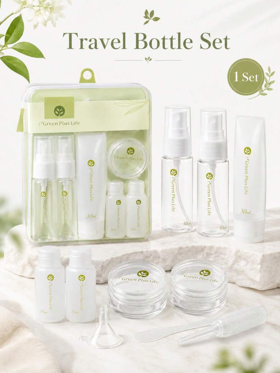 1 Set/10 piezas Juego de botellas recargables para viaje, juego de contenedores de cosméticos a prueba de fugas con bolsa de almacenamiento, botella rociadora, tubo exprimible, tarro de crema, botella de loción mini, embudo, raspador, caja de almacenamiento de artículos de tocador portátil, adecuado para champú, loción, cuidado de la piel, cosméticos, uso de viaje - Multicolor - Ver 1