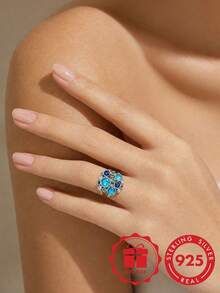 Vintage Palace Style S925 Sterling Silver Multi-Colored Zirconia Ring For Women, Blue & Green Contrast Hollow Floral Design, Luxury Decorative Finger Ring, Gift Jewelry With Gift Box - Silver - View 3