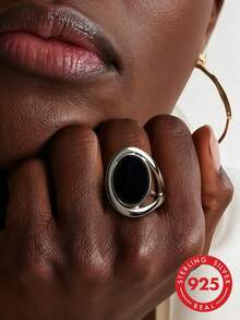 1pc S925 Sterling Silver Fashion Hollow Evening Luxury Commute Versatile Elegant Exquisite Inlaid Artificial Black Agate Niche Minimalist Design Women's Ring With Gift Box, Ideal Gift For Women And Girls On Any Occasion. Perfect Gift For Women, Perfect Christmas Gift, Gift For Mom, Gift For Wife, Gift For Daughter, Perfect Birthday Gift, Anniversary Gift, Graduation Gift, Mother's Day Gift, Valentine's Day Gift - Silver - View 4