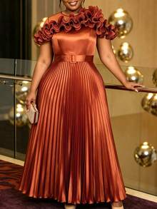 Elegant Plus Size Women Brown Satin Pleated A Line Dress Ruffle Neck Mesh Belted Waist Formal Church Wedding Guest Prom Party Maxi Gown - Brown - View 5