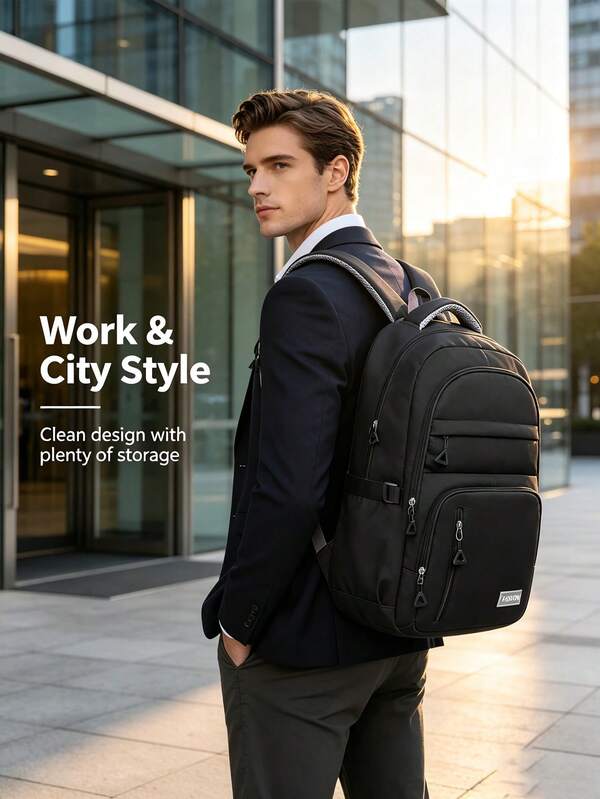 Men's Versatile Solid Color Casual Backpack, Stylish Large Capacity College Style Waterproof And Durable High School Student Bag