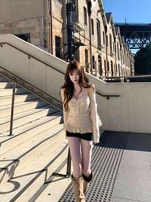 Knitted Textured Patchwork Sexy Style Tie Square Neck Cable Knit Pullover Sweater - Apricot - View 5
