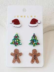 Set Of 3 Pairs Winter-Themed Acrylic Polymer Clay Earrings With Baked Snowman And Knitted Hat Design Decorated With Cute Snowflake Accents - Multicolor 3 - View 2