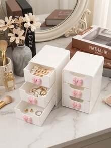 1 buah Kotak Penyimpanan Laci Mini Meja dengan Dekorasi Pita Merah Muda, Organizer Perhiasan & Kosmetik Plastik Berlapis, Penyimpanan Meja Tanpa Listrik, Cocok untuk Meja Rias, Kamar Tidur, Kantor, Dapat Menyimpan Berbagai Barang Sehari-hari, Ideal untuk Rumah, Kamar, Kamar Tidur, Meja Rias, Organizer Meja yang Sempurna - MultiWarna - View 1