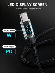 EIGIIS 1/2pcs 120W Super Fast Charging USB A To Type-C Data Cable With LED Display, Matte Texture, Supports Data Sync And PD Fast Charging, 6A High Current, Suitable For Phone - Black, Smartphone And Device Charging Adapter, USB Charging Cable - Black - View 5