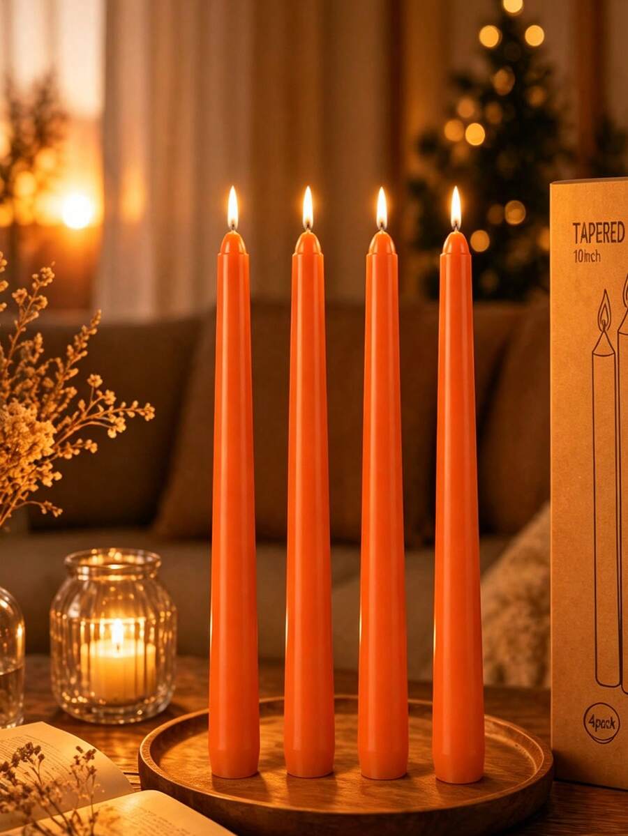 4pcs 10 Inch Taper Candles - Dripless, Smokeless, Unscented, Suitable For Weddings, Dinners And Christmas, Autumn, Thanksgiving, Harvest, Perfect For Thanksgiving Home Harvest Table Decor, Home Decor - Orange Color - View 1
