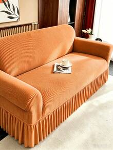 1 Buah Sarung Sofa Oranye, Kain Fleece, Anti Selip, Elastis, Dekoratif, Pola Ukiran Garis Lurus Jacquard, Cocok Untuk Sofa Lurus 2 Sandaran Tangan, Tersedia 4 Ukuran, Sepanjang Musim - oranye - View 2