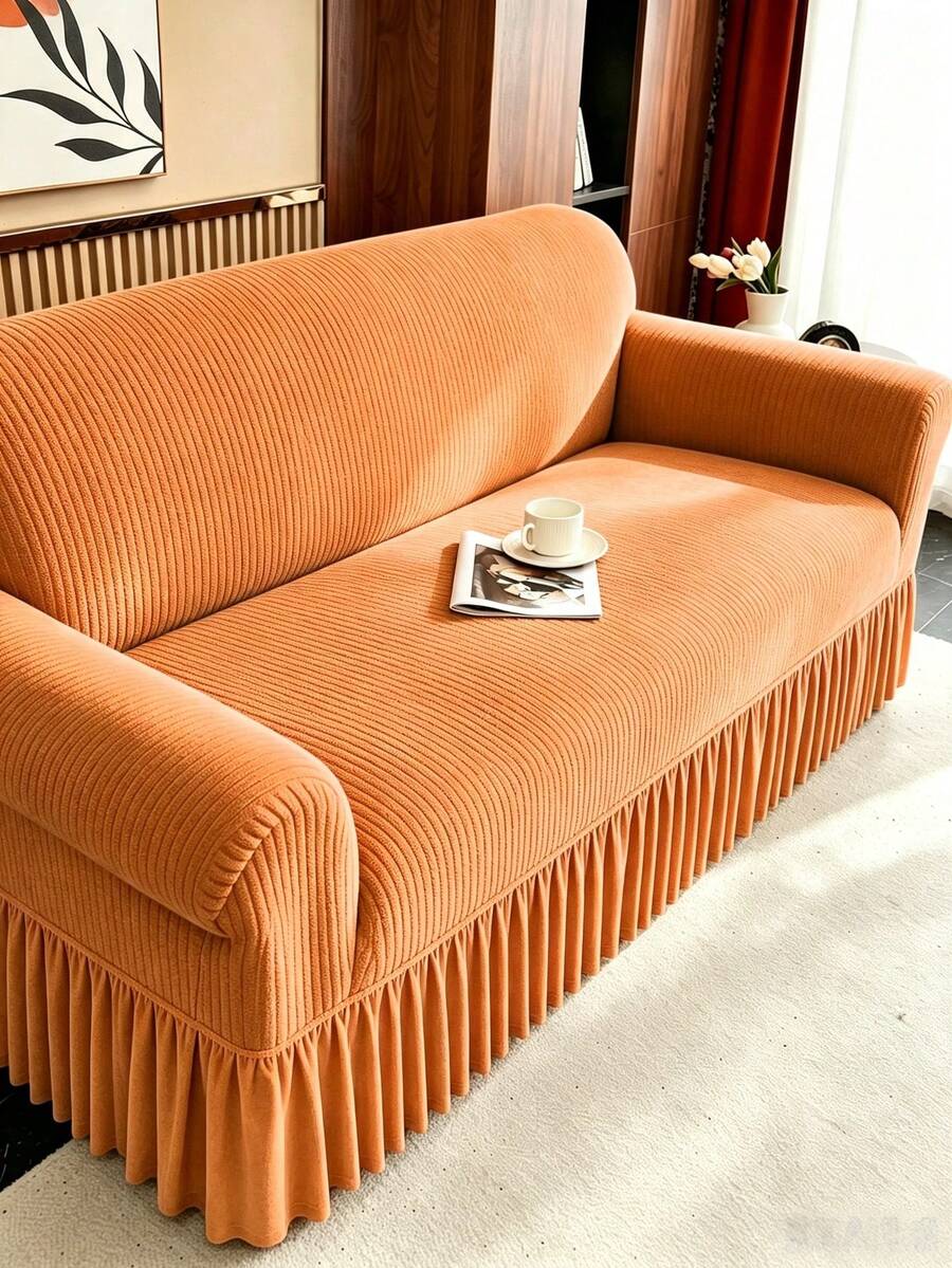 1 Buah Sarung Sofa Oranye, Kain Fleece, Anti Selip, Elastis, Dekoratif, Pola Ukiran Garis Lurus Jacquard, Cocok Untuk Sofa Lurus 2 Sandaran Tangan, Tersedia 4 Ukuran, Sepanjang Musim