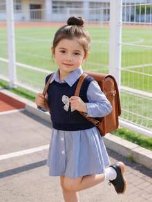 2pcs/Set Rok A-Line Lengan Panjang Berkerah Garis Halus dengan Pita Renda dan Pita Renda untuk Anak Perempuan & Rompi Pendek, Cocok untuk Perjalanan Sekolah/Pesta, Musim Semi/Gugur - Royal Blue - View 2