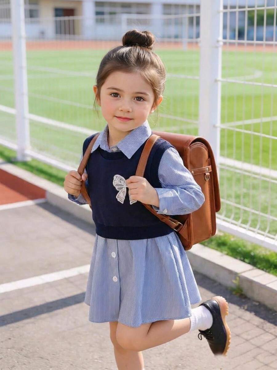2pcs/Set Girls Sweet Academic Style Delicate Lace Bow Fine Stripe Collar Long Sleeve A-Line Skirt & Cropped Vest Set, School Commute Outing, Spring/Autumn - Royal Blue - View 1