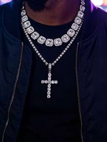 Rhinestone Tennis Chain & Cross Pendant Set With Cuban Chain, Unisex, Suitable For Party And Daily Wear - Silver - View 6
