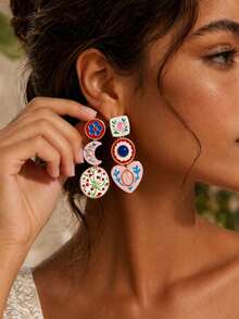 1 Pair Exaggerated Vintage Design Rhinestone Heart Pendant Multi-Layer Earrings With Floral And Geometric Elements, Women's Ear Jewelry Suitable For Daily Wear, Party And Music Festival - Multicolor - View 1