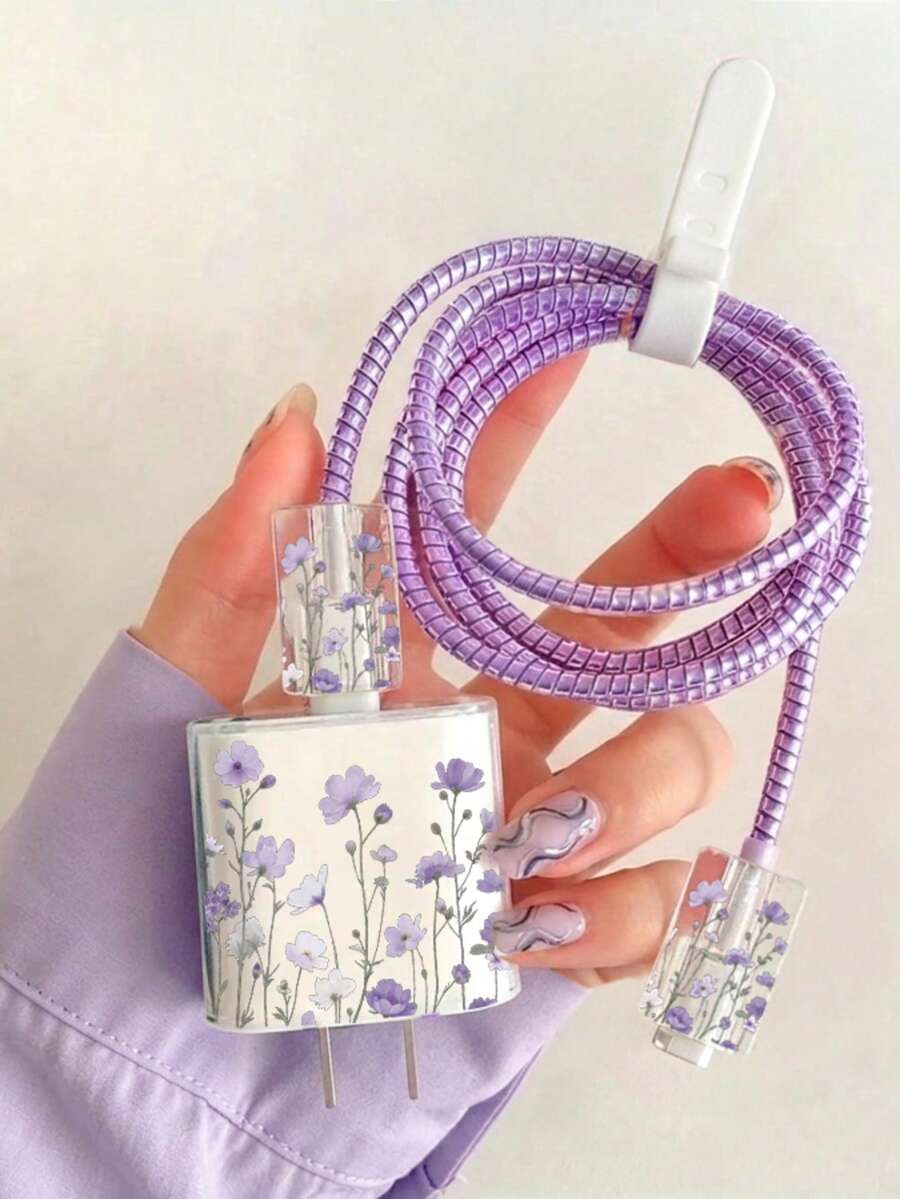 5pcs Soft Lavender Floral Data Cable Protectors, Transparent Soft Shell Anti-Drop Wear-Resistant Anti-Bend, Compatible With Apple 18W/20W Fast Charging, Ins French Floral Healing Digital Accessories, Great Gift - Pale Purple Flowers - View 1
