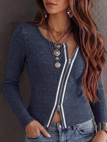 Dark Blue Ribbed Zip Front Cardigan, Long Sleeve Round Neck Slim Fit Knit Top, Casual Daily Street Wear For Women - Blue - View 6
