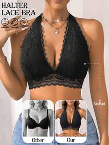 Women Wireless Halter Bra Floral Lace Underwear Adjustable No Padding Backless Bralette Unlined Intimates Casual Comfortable Solid Summer Lingerie - Black - View 7