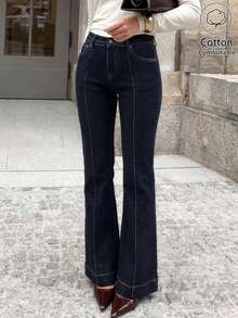 Women's European And American Style Slim Fit Flared Jeans, Long Leg-Lengthening Fashionable Daily Vintage Flare Denim Pants - Dark Wash - View 4