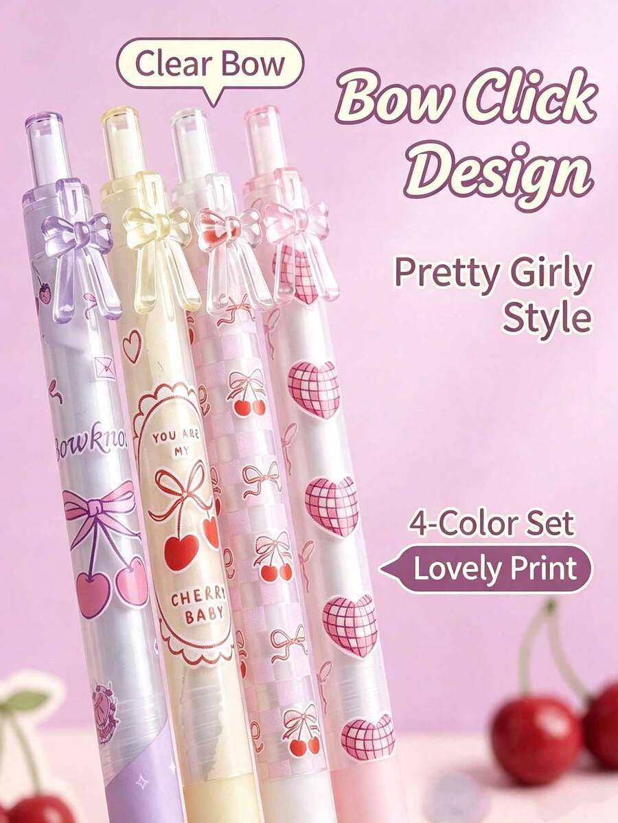 1/4pcs Sweet Bow Click Neutral Pens, Cute Cherry Heart Print Ballpoint Pens, Black Ink Smooth Writing, Stationery For Girls Students Office, Back To School Gift For Friends - Sets - View 1