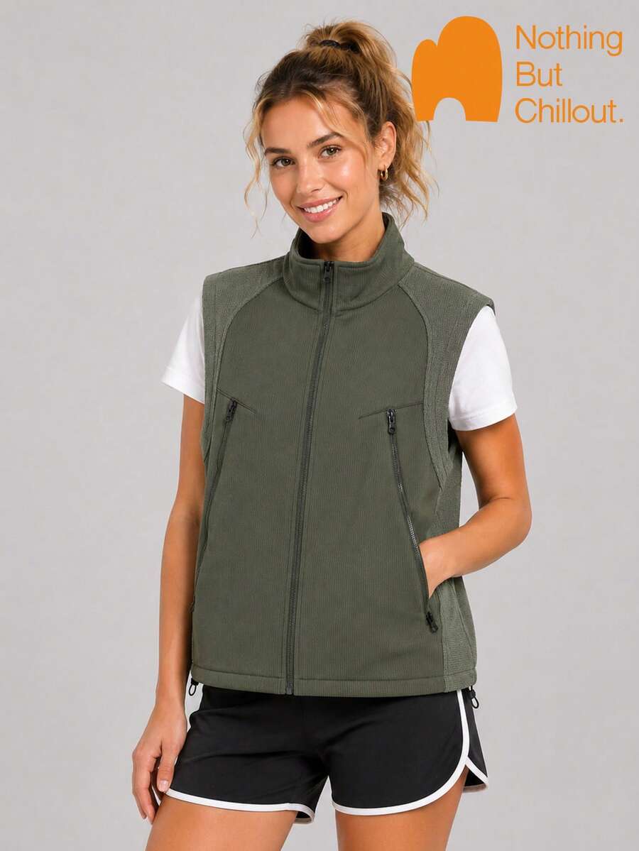 NBCT Women's Small Stand Collar Sleeveless Vest, Multi-Color Outdoor Casual Sports Zipper Outerwear Jacket - Green - View 1