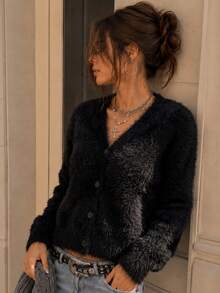 Women's Fall Winter Black Imitation Mink Knit Cardigan,V Neck Button Front Long Sleeve Sweater,Soft Daily Versatile Cardigan, Casual Vacation Outfit - Black - View 1