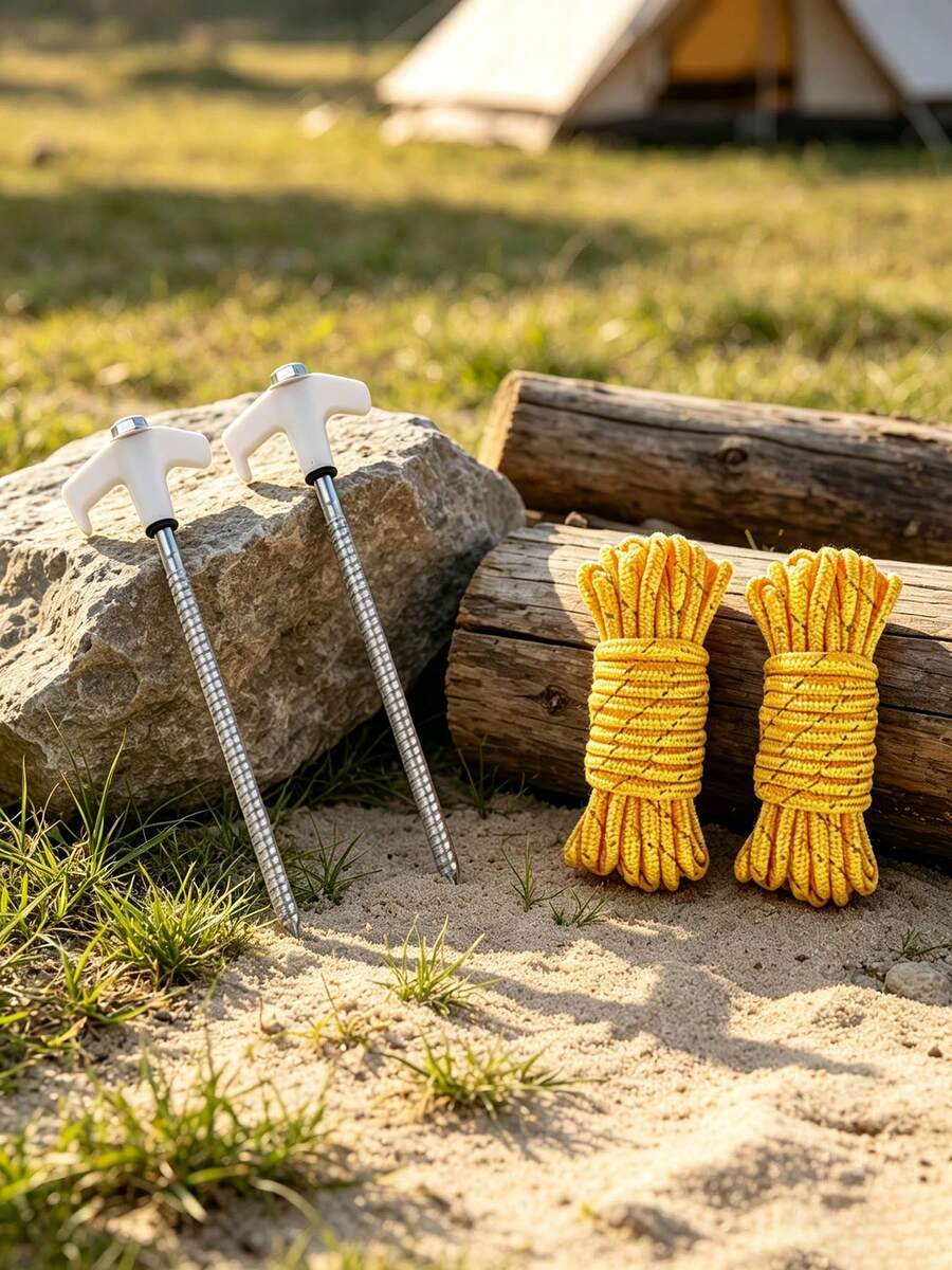 2PCS.4PCS Heavy Duty Camping Tent Stakes Set, T-Handle Metal Spiral Tent Pegs + 4M Windproof Rope, For Outdoor Camping Tent Canopy Fixing - Multicolor - View 1