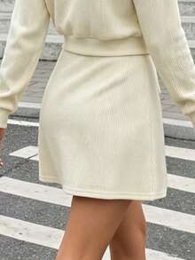 Women Fall Elegant Cream Ribbed Knit Two Pieces Outfit, Long Sleeve Button Crop Top & A-Line Mini Skirt Set, Back To School Halloween Party Outfits - Light Yellow - View 2
