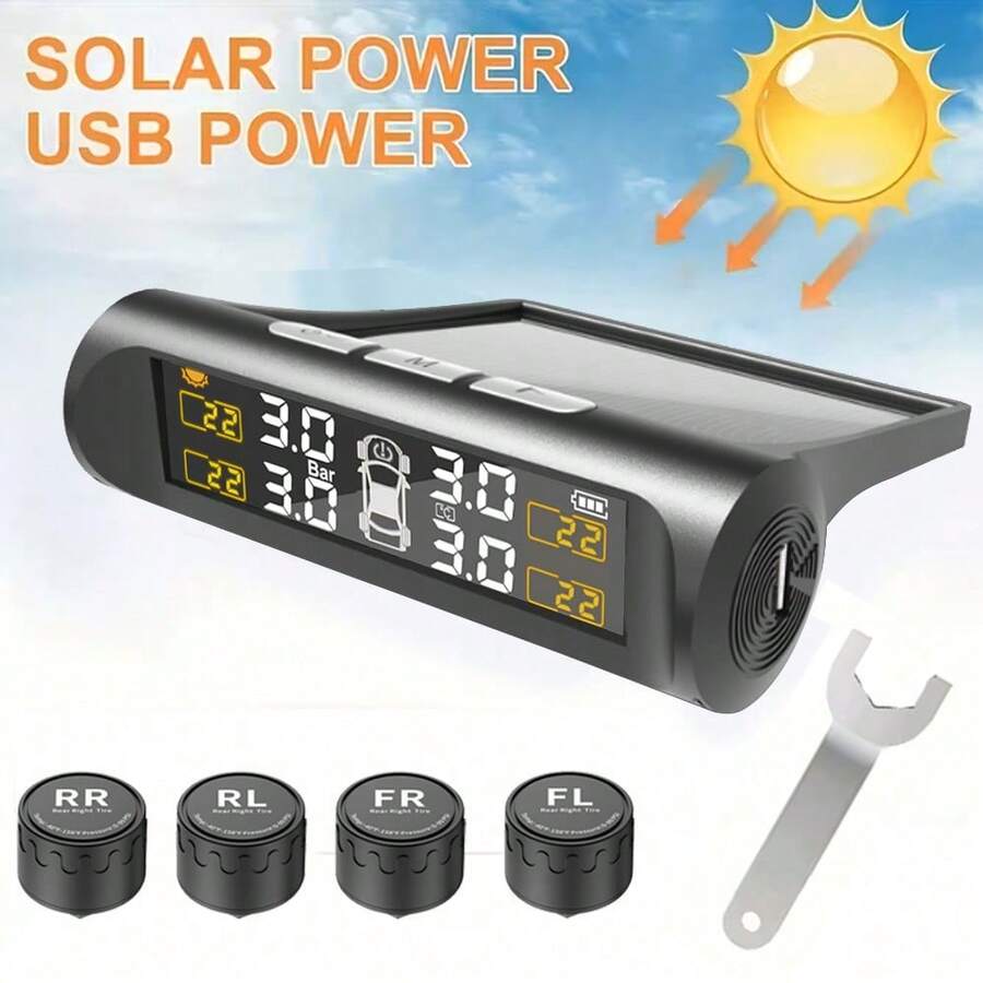 Solar Powered Tire Pressure Monitoring System, Wireless TPMS, Built-In 300mAh Rechargeable Battery, Real-Time Tire Pressure And Temperature Display, LCD Digital Display Screen, Includes 4 External Sensors, USB Charging Car Accessory, Gift For Men And Women